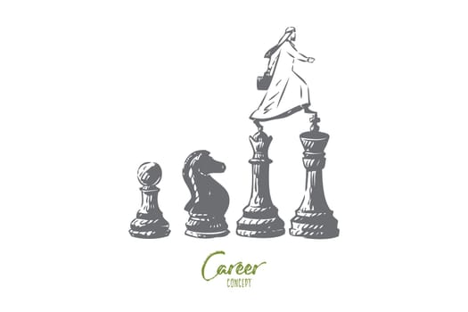 Career concept sketch. Work status improvement metaphor, muslim arab businessman walks on chess figures, successful executive manager, business strategy development. Isolated vector illustration