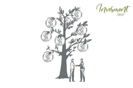 Investment concept sketch. Two men shaking hands. Money tree with coins. Stock trading, making profit. Businessman agree to teamwork, partnership, cooperation. Isolated vector illustration