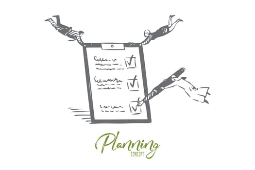 Planning concept sketch. Floating people checking items off to do list. Responsibility in workplace. Arab businessman holding huge pen and levitating over checklist. Isolated vector illustration