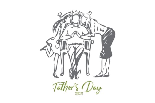 Father day concept sketch. Family celebrating men holiday, faceless king with crown sitting on throne, wife and daughter congratulate and kiss happy dad on cheek. Isolated vector illustration