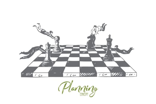Planning concept sketch. Business plan, flying businesswomen and businessmen playing chess, team building exercise, brainstorm metaphor, business development banner. Isolated vector illustration