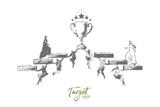 Target concept sketch. Muslim man and woman, team leaders going to success. Teamwork metaphor. Climbing obstacles to someones target. Workplace, business cooperation. Isolated vector illustration