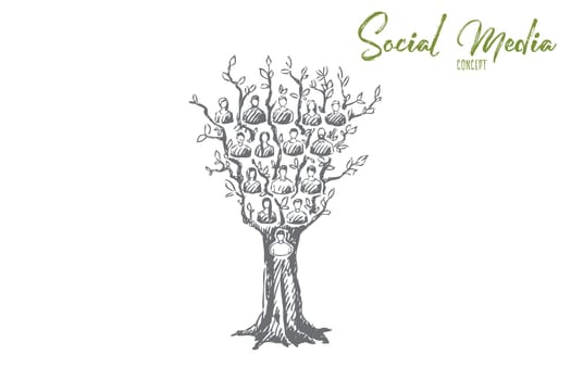 Social media concept sketch. Tree with online network users on branches, internet connection, community metaphor, family tree, friendship and communication banner. Isolated vector illustration