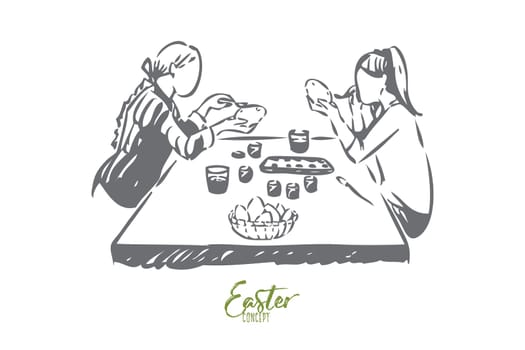 Easter concept sketch. Religious holiday celebration, young girls coloring eggs with paintbrush, mother and daughter decorating pysanka together, spring tradition. Isolated vector illustration