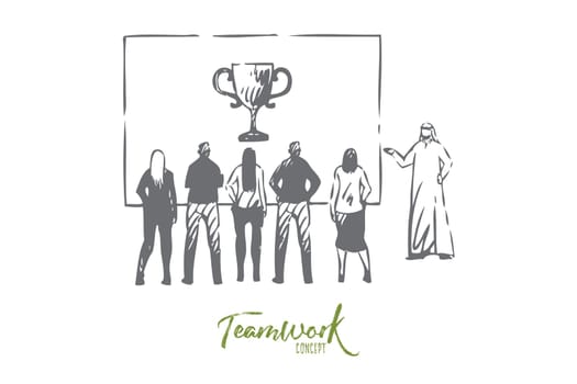 Teamwork concept sketch. Business presentation, seminar about goals and target. Muslim giving speech to team. Partnership achievement milestone. Office employee meeting. Isolated vector illustration
