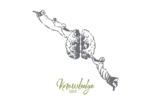Knowledge concept sketch. Flying muslim man and woman holding brain. Learning new things metaphor. Right and left brain halves, opposite opinions. Intellectual power. Isolated vector illustration