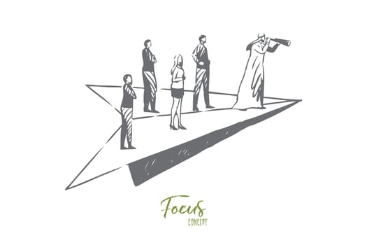 Focus concept sketch. Arab man, leader looking into spyglass. People standing on paper airplane flying to their goal. Team determination, target-oriented practices. Isolated vector illustration