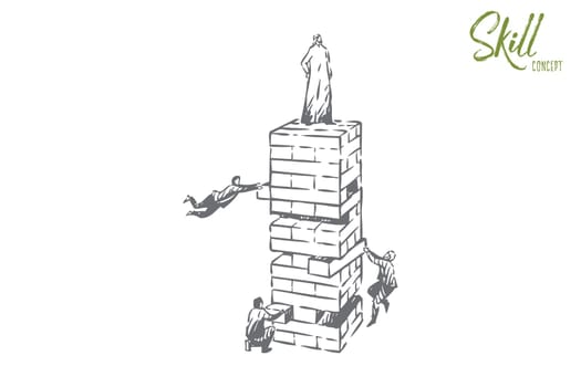 Skill concept sketch. Standing on top of everyone. Arab man, leader achieving success. Floating people playing jenga game. Office, career promotion metaphor drawing. Isolated vector illustration