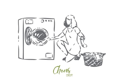 Chores concept sketch. Woman unloading laundry. Helping around the house. Washing dirty clothes. Using washing machine at home. Household responsibilities. Isolated vector illustration