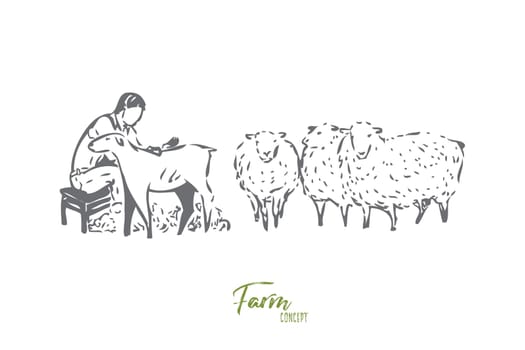 Collecting wool concept sketch. Man, livestock worker, farmer shearing sheep. Looking after farm animals. Countryside lifestyle jobs, responsibilities. Isolated vector illustration