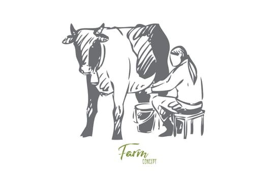 Cattle concept sketch. Woman milking grown cow. Taking care of farm animals, livestock, dairy farm. Getting fresh organic milk. Working with domestic animals. Isolated vector illustration