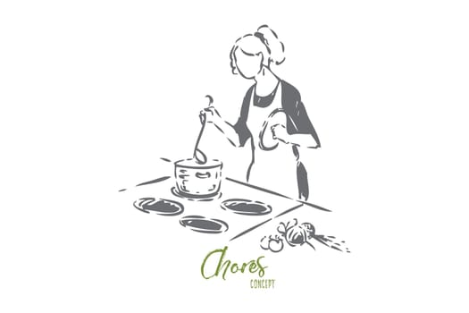 Home chef concept sketch. Woman preparing meal. Maid cooking soup. Stew preparation drawing. Household responsibility in kitchen. Mixing food with ladle. Isolated vector illustration.