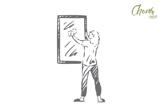 Window washing concept sketch. Young homemaker cleaning mirror, faceless woman wiping looking glass with rag, housekeeper routine, housewife chores, housework banner. Isolated vector illustration