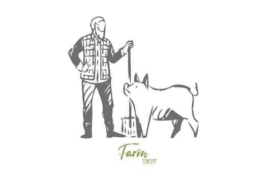 Livestock breeding concept sketch. Farming business, rural economy, village lifestyle, faceless farm worker holding shovel, villager and pig, countryside chores banner. Isolated vector illustration