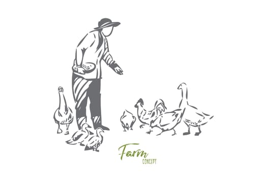 Poultry farm concept sketch. Farming business, villager chores, countryside lifestyle, female farmer feeding domestic birds, ducks and chicken, rural economy banner. Isolated vector illustration
