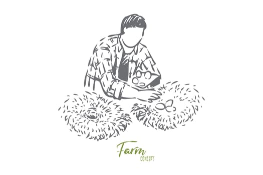 Chicken farm concept sketch. Rural economy, farmer chores, farming business, young faceless villager collecting eggs, countryside lifestyle, husbandry banner. Isolated vector illustration