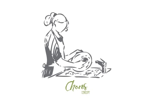 Woman doing dishes concept sketch. Kitchen hygiene responsibilities. Household cleaning duty. Washing plates with soap and sponge. Maid services. Isolated vector illustration