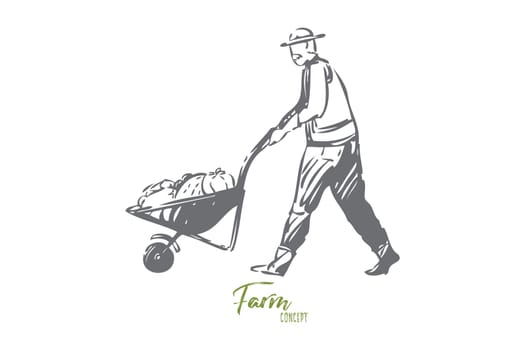 Farm concept sketch. Man, senior farmer transporting harvest in wheelbarrow. Collecting crops. Manual labor on farm. Hard working old guy. Moving vegetables into storage. Isolated vector illustration