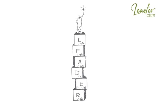 Leader concept sketch. Muslim man holding star on top of tower. Building blocks with letters. Leadership metaphor. Self-confident person. Head of company, department. Isolated vector illustration
