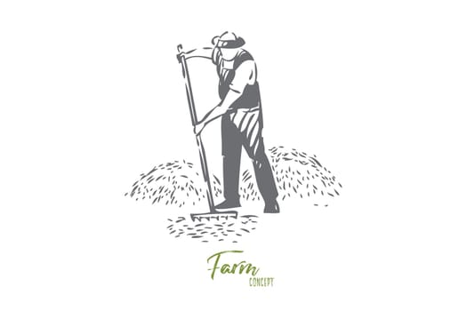 Farmer chores concept sketch. Farming business, rural economy, countryside lifestyle, faceless farm worker, villager raking hay or grass, agronomy, husbandry banner. Isolated vector illustration