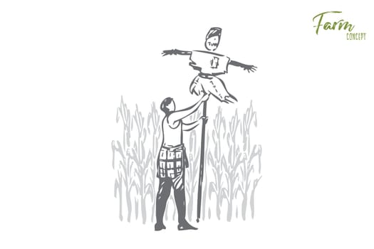 Scaring off pests concept sketch. Woman putting up scarecrow. Working in corn fields. Taking care of crops. Countryside, agriculture, farmland lifestyle. Isolated vector illustration