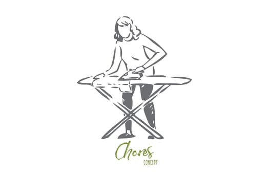 Ironing clothes concept sketch. Housekeeping chores, housewife routine, young housekeeper working with electric flatiron, smoothing iron, household, housework banner. Isolated vector illustration