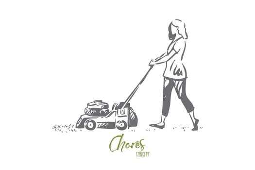 Girl mowing lawn concept sketch. Cutting down long grass in front and back yard. Woman using lawn mower, grass cutter. Gardening.. Household responsibility. Isolated vector illustration