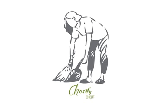Floor sweeping concept sketch. Homemaker routine, housekeeper work, young housewife holding broom and scoop, faceless woman cleaning at home, household chores banner. Isolated vector illustration