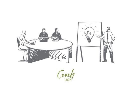 Coach concept sketch. Business partnership, arab businessman and businesswoman teamwork, economic literacy training courses, team meeting, business school banner. Isolated vector illustration