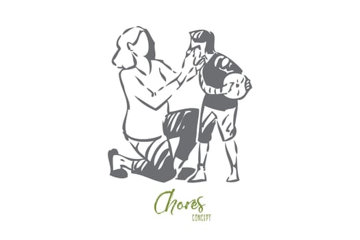 Mother taking care of boy concept sketch. Wiping dirt off of childs face with napkin. Raising children. Stay at home mom parenting kid. Motherly love and care. Isolated vector illustration