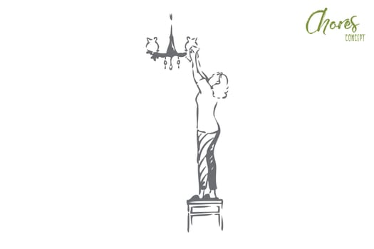 Chores concept sketch. Housewife routine, housekeeper, maid work, faceless young homemaker wipes dust from chandelier, woman doing housework, housekeeping banner. Isolated vector illustration