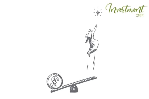 Startup concept sketch. Arab man jumping on seesaw. Successful funds using, capital formation, goal achieving. Stock trading, currency exchange market. Isolated vector illustration