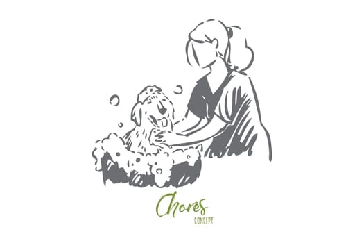 Animal lover concept sketch. Woman washing happy dog. Girl grooming her pet. Taking care of mans best friend. Giving puppy bubble bath. Cute doggy. Isolated vector illustration