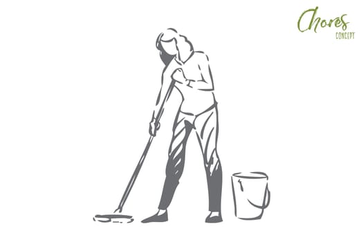 Household responsibilities concept sketch. Girl, woman mopping floors. Cleaning living space. Maid, helper services. Tidying up house, housekeeping. Isolated vector illustration