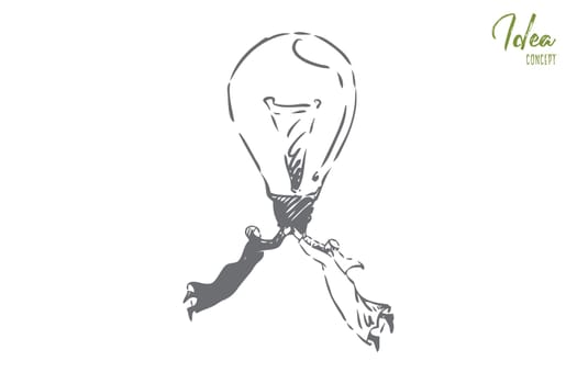 Idea concept sketch. Flying muslim man and woman holding lightbulb. Having useful thought, finding solution metaphor. Innovation, invention. Problem solving, imagination. Isolated vector illustration