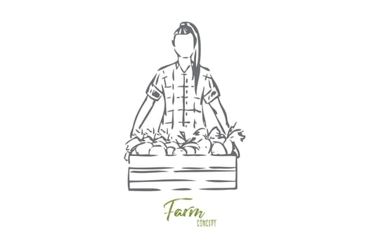 Box of harvest concept sketch. Woman, agriculture worker collecting fruit, vegetables. Harvesting organic produce. Farmland lifestyle chores and jobs. Isolated vector illustration