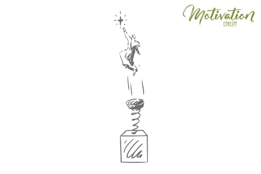 Motivation concept sketch. Reach for stars, muslim man jumping on spring. Achieving goals in life metaphor. Flying to your dreams. Personal success achievement. Isolated vector illustration