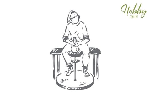 Ceramist hobby concept sketch. Creating vase during pottery class. Potter making things from clay. Amateur craftsmanship. Doing something creative, fun at leisure time. Isolated vector illustration