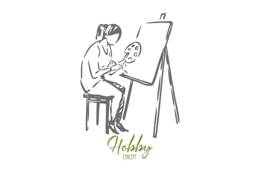 Painter concept sketch. Artist drawing on canvas with paint. Creating artwork at home. Spending free time painting. Amateur artist lifestyle. Art school, classes. Isolated vector illustration