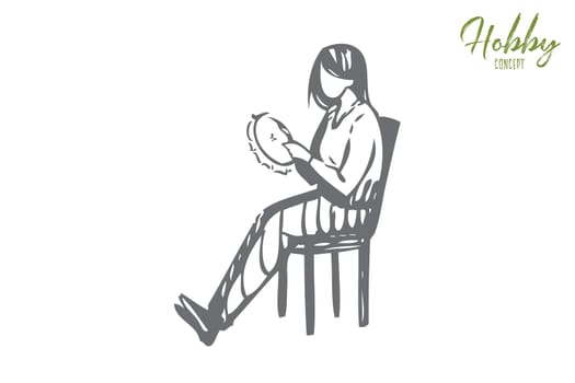Sewing hobby concept sketch. Decorative needlework, young faceless woman sitting in chair with embroidery equipment, female tailor, handcraft leisure, pastime banner. Isolated vector illustration