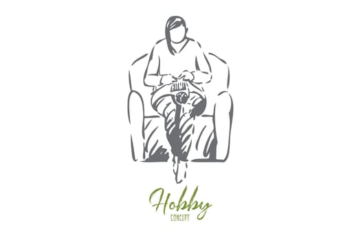 Crochet concept sketch. Knitting sweater, socks while sitting in armchair. Cozy pastime, leisure activity. Creating clothes with wool. Clam, relaxing activity. Isolated vector illustration