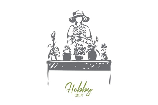 Gardening hobby concept sketch. Plant nursery, young gardener, florist growing flowers, decorative house plants on table, countryside lifestyle, horticulture banner. Isolated vector illustration