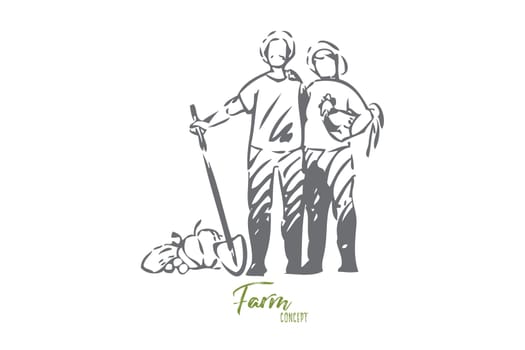 Farming concept sketch. Proud farmer couple with their products. Woman holding rooster under arm. Man holding shovel posing for picture. Poultry farm workers. Isolated vector illustration