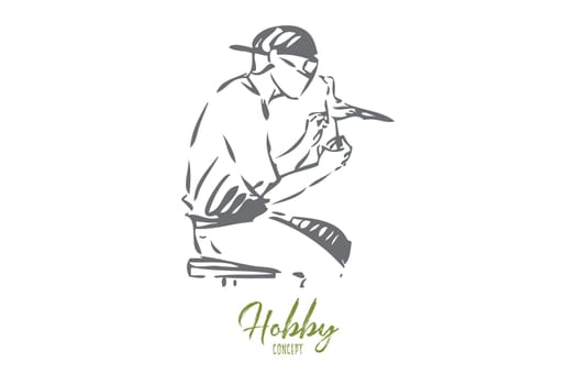 Wood carving concept sketch. Creating small statues out of wood. Creative pastime, leisure. Skillful artist in workshop. Making bird with carving knife. Isolated vector illustration