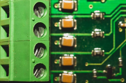 Electronic circuit board abstract background. computer motherboard close up. modern technologies. micro elements of computer with connections and traces. Intelligent technology