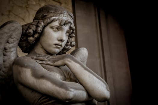 GENOA, ITALY - CIRCA AUGUST 2020: Angel sculpture by Giulio Monteverde for the Oneto family monument in Staglieno Cemetery, Genoa - Italy (1882)
