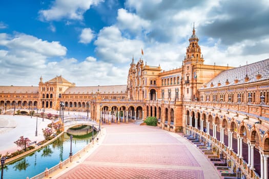 Spain, Seville. Spain Square, a landmark example of the Renaissance Revival style in Spanish architecture