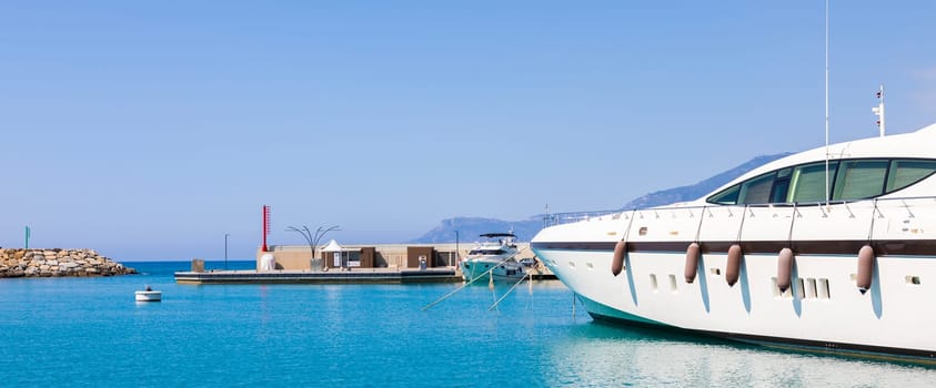 Ventimiglia, Italy - Circa August 2021: yacht in Cala del Forte, an is an exquisite, brand new, state-of-the-art marina located in Ventimiglia, Italy, only 15 minutes from the Principality of Monaco