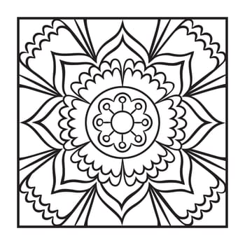Doodle mandala coloring page. Outline floral design element. Coloring book pattern. Decorative round flower. Anti-stress therapy pattern on white background. Meditation poster. Vector illustration.