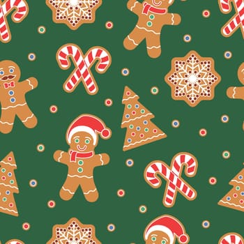 Christmas themed seamless pattern. Gingerbread man cookies. Snow flake, Christmas Tree, candy cane. Graphic design element for packaging paper, prints, scrapbooking. Holiday themed design